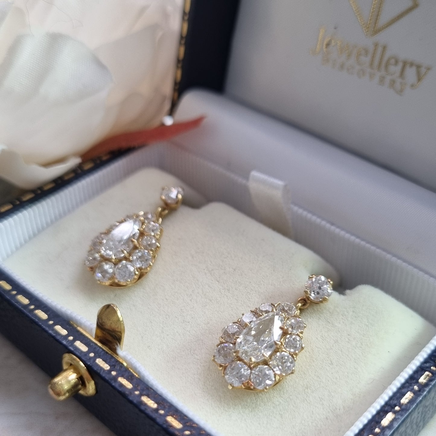 Victorian Antique 6.1ct Old Cut Diamond Pear Cluster Drop Earrings