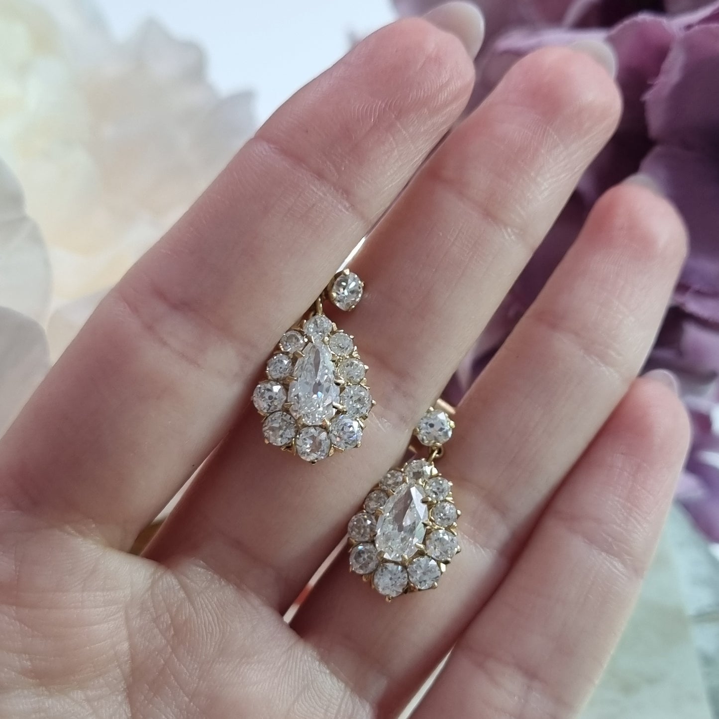 Victorian Antique 6.1ct Old Cut Diamond Pear Cluster Drop Earrings