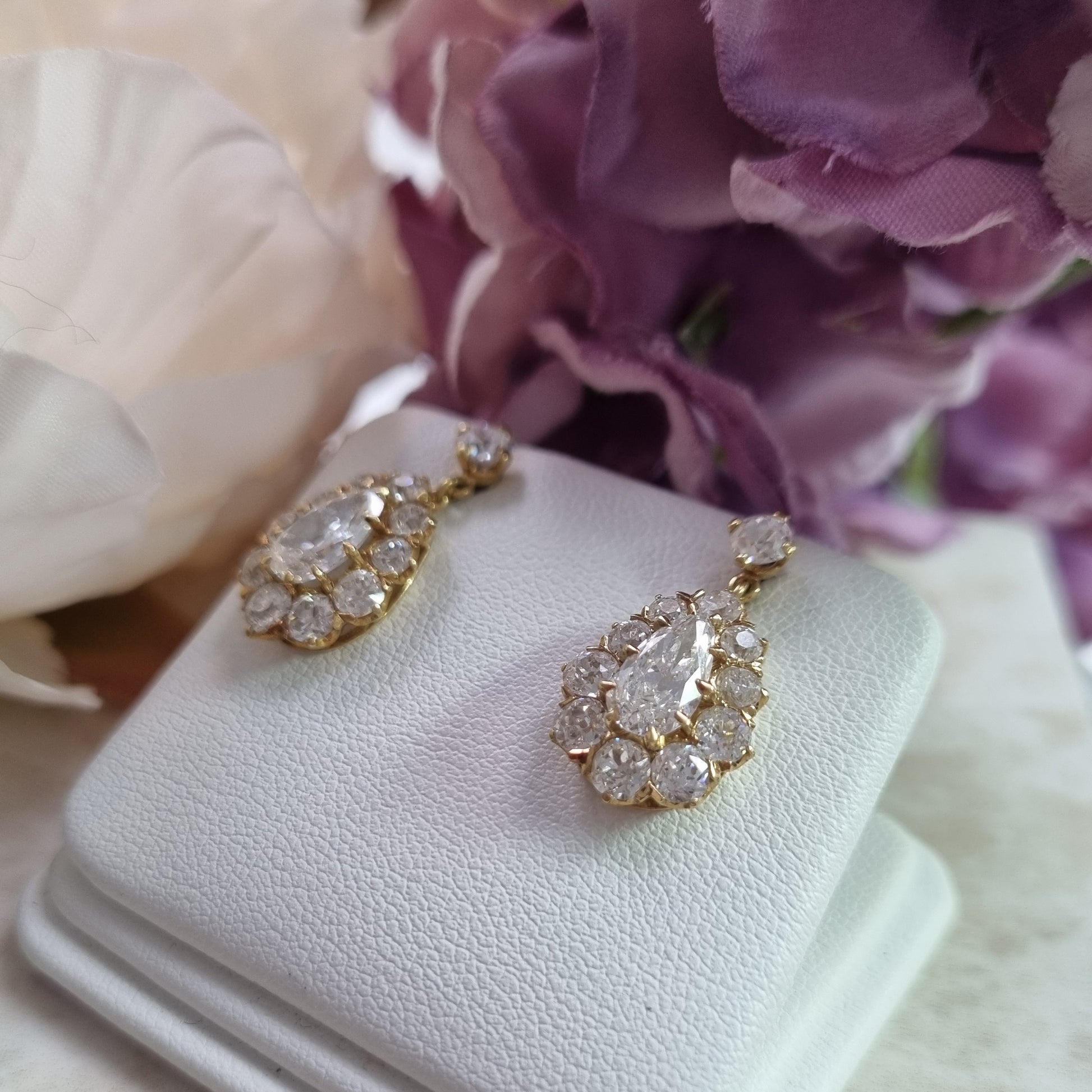 Victorian Antique 6.1ct Old Cut Diamond Pear Cluster Drop Earrings