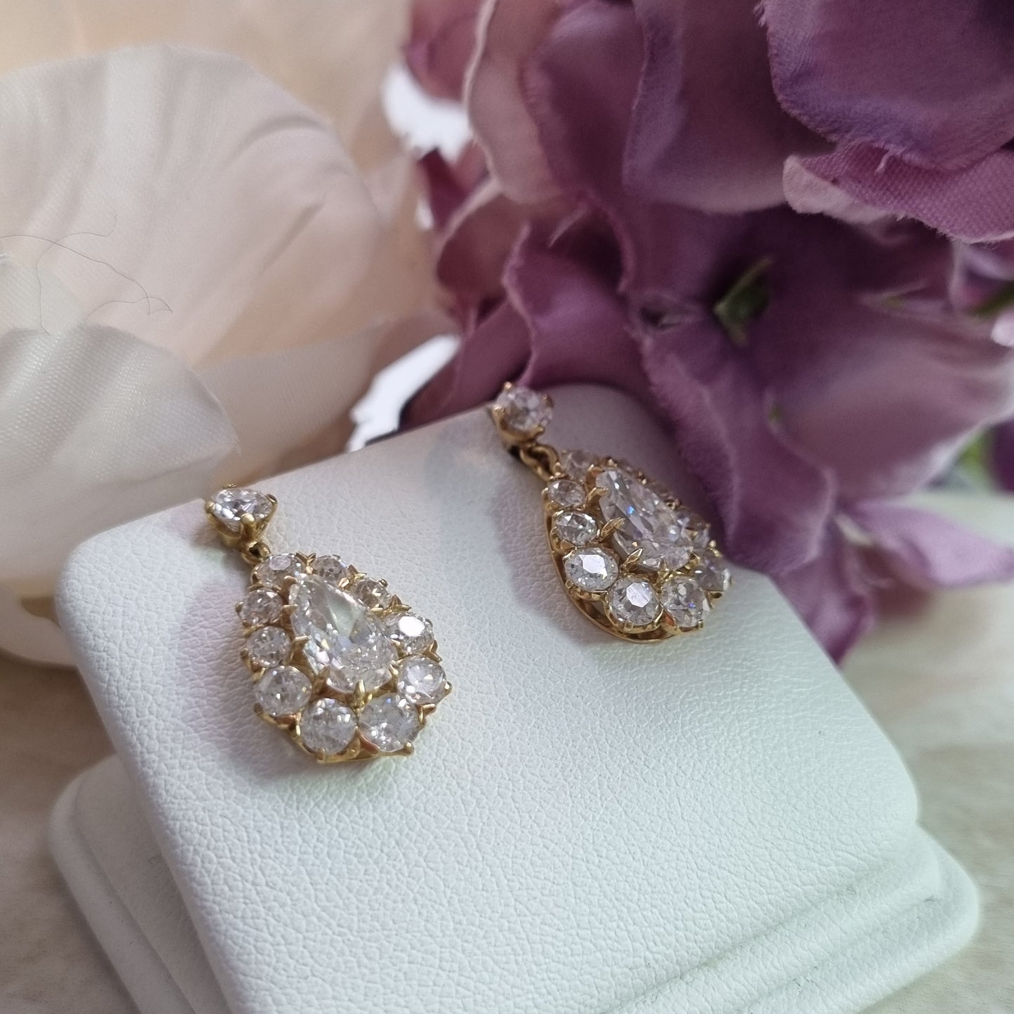 Victorian Antique 6.1ct Old Cut Diamond Pear Cluster Drop Earrings