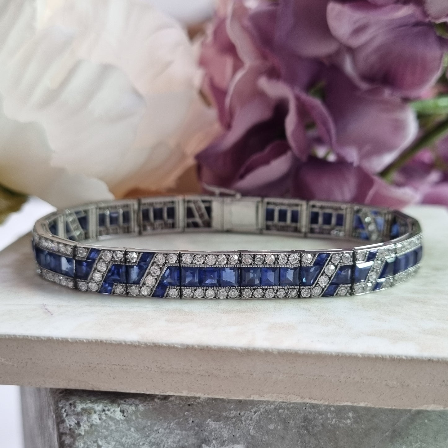 Fine Art Deco French Sapphire and Diamond Line Bracelet by Mellerio