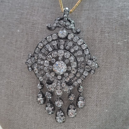 Early Victorian Antique 16cts Old Mine Cut Diamond Tassel Fringe Pendant come Brooch, Mid 19th Century, Circa 1850