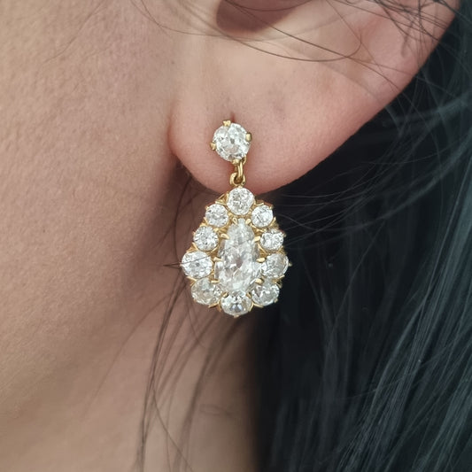 Victorian Antique 6.1ct Old Cut Diamond Pear Cluster Drop Earrings