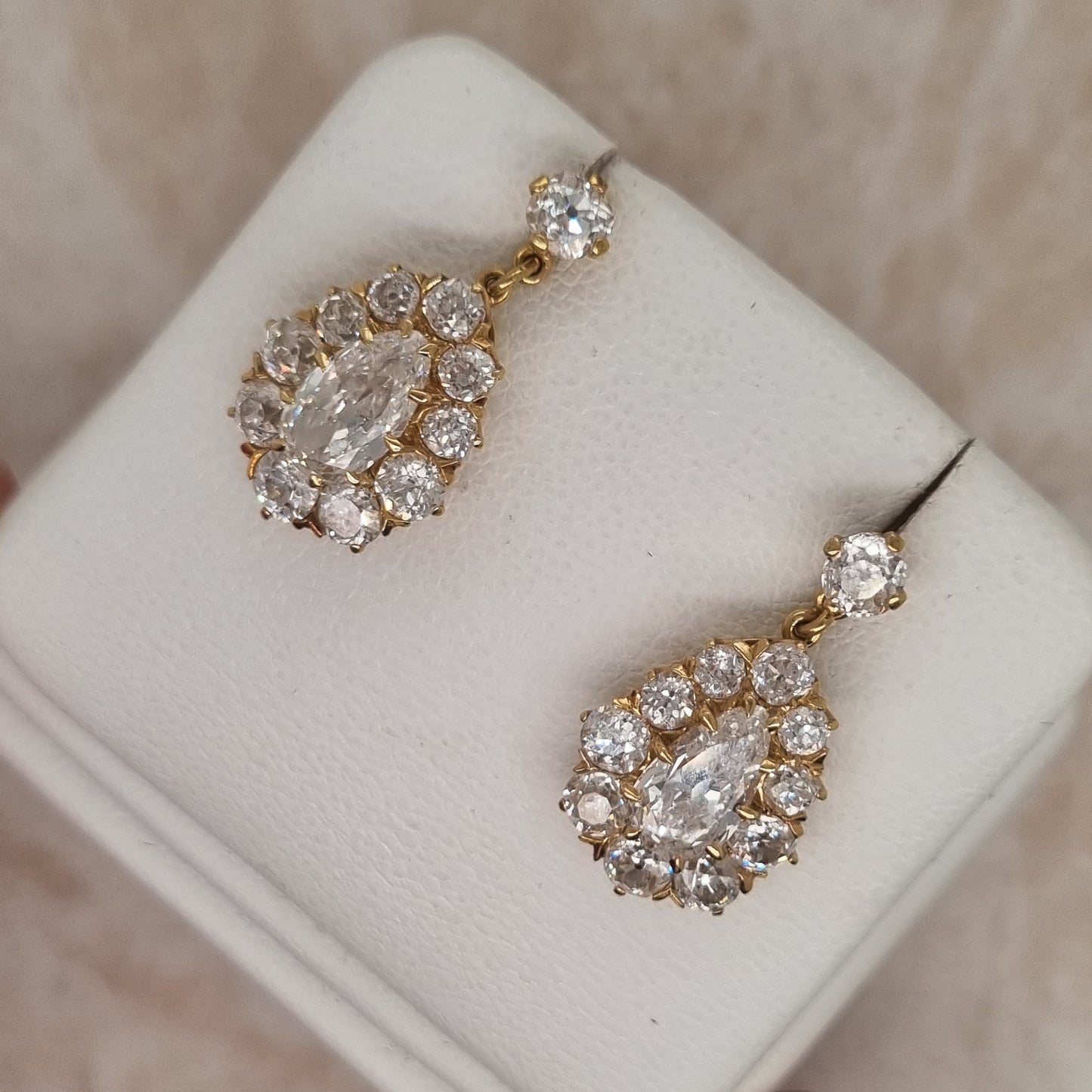Victorian Antique 6.1ct Old Cut Diamond Pear Cluster Drop Earrings