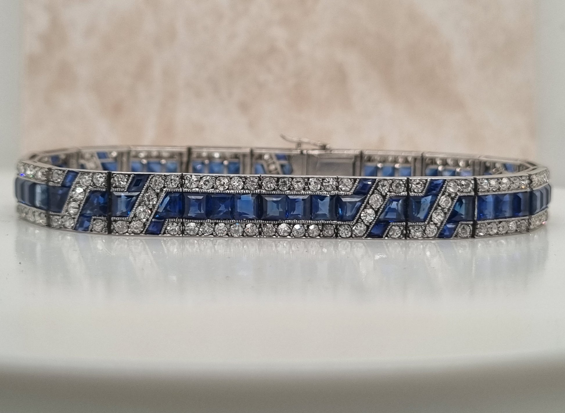 Fine Art Deco French Sapphire and Diamond Line Bracelet by Mellerio