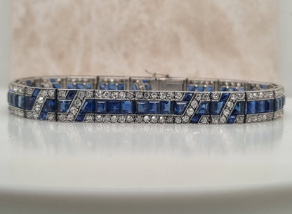 Fine Art Deco French Sapphire and Diamond Line Bracelet by Mellerio