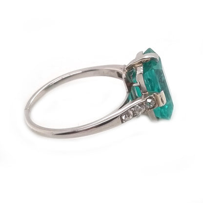 Art Deco 2.3ct Colombian Emerald Solitaire Engagement Ring, Diamond Shoulders, Platinum