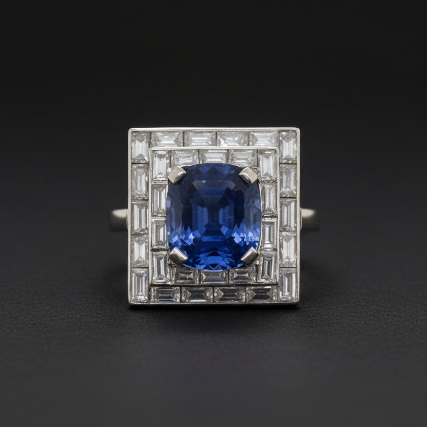 Art Deco French 5ct Sapphire and Baguette Diamond Cluster Plaque Ring 1930s