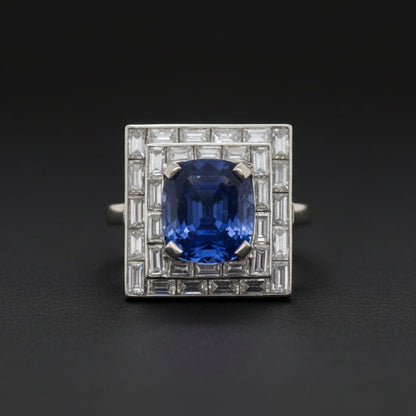 Art Deco French 5ct Sapphire and Baguette Diamond Cluster Plaque Ring 1930s