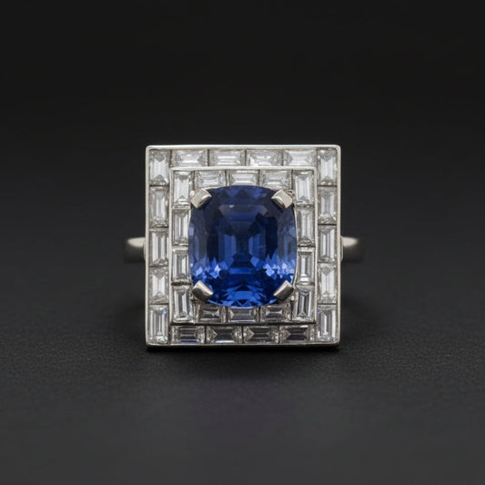 Art Deco sapphire an diamond dress ring baguette cut diamond surround two rows halos 