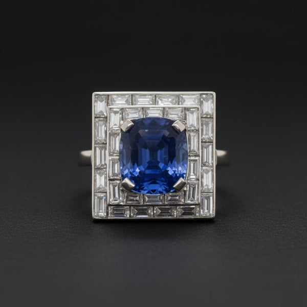 Art Deco French 5ct Sapphire and Baguette Diamond Cluster Plaque Ring 1930s
