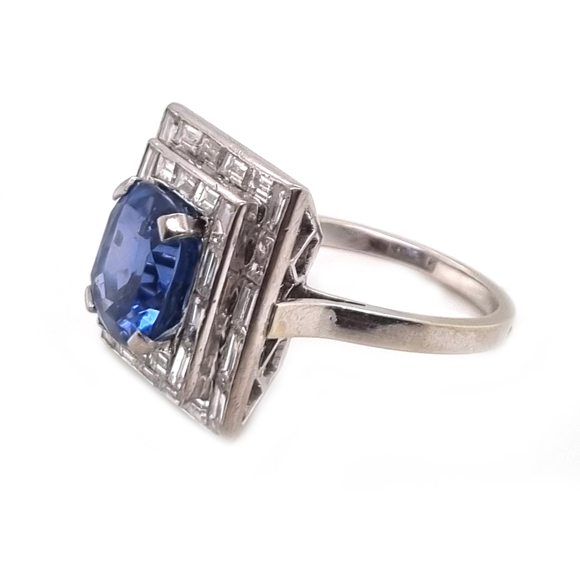 Art Deco French 5ct Sapphire and Baguette Diamond Cluster Plaque Ring 1930s