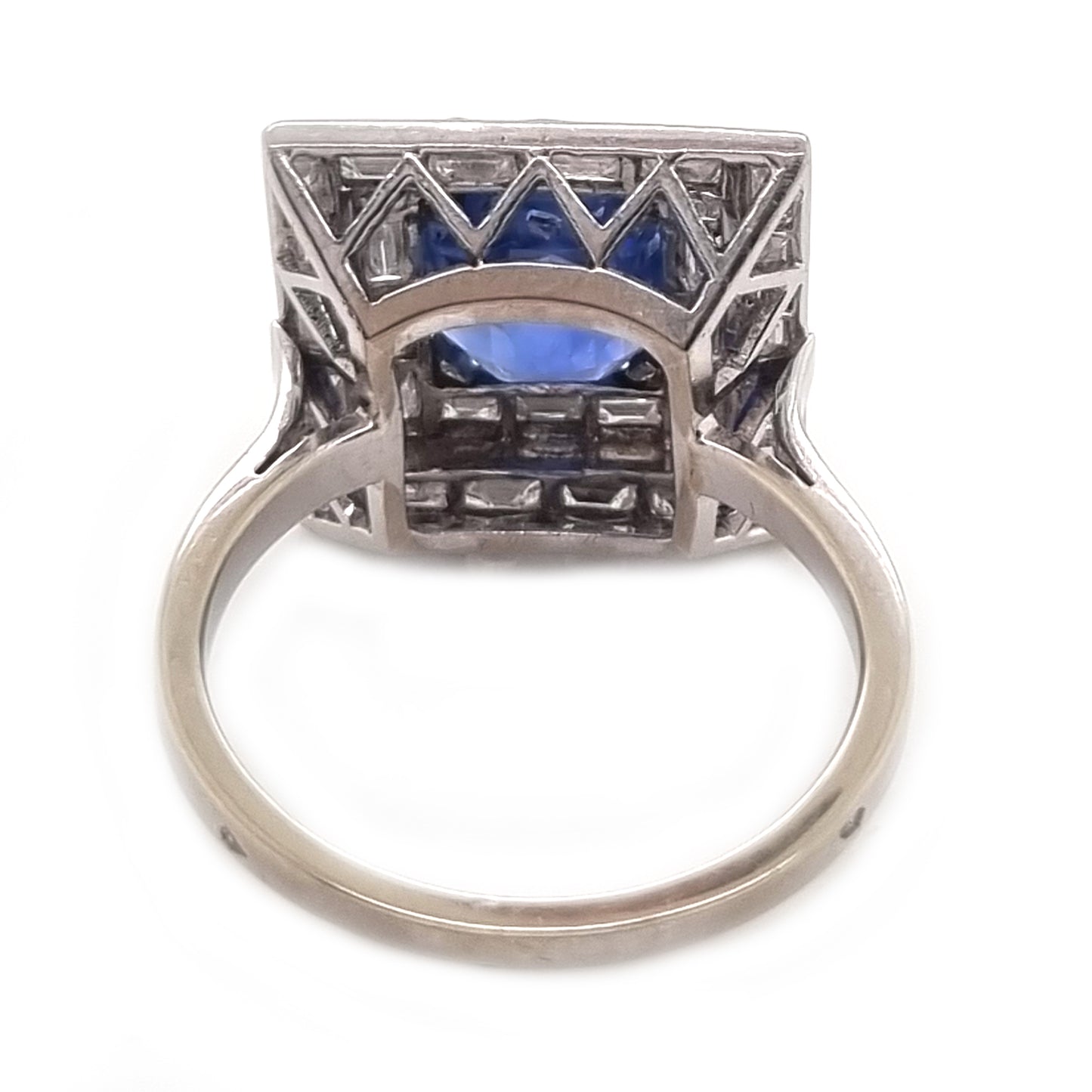 Art Deco French 5ct Sapphire and Baguette Diamond Cluster Plaque Ring 1930s