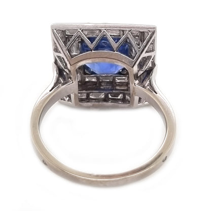 Art Deco French 5ct Sapphire and Baguette Diamond Cluster Plaque Ring 1930s