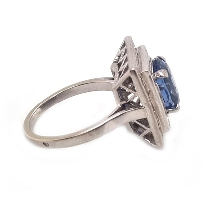 Art Deco French 5ct Sapphire and Baguette Diamond Cluster Plaque Ring 1930s
