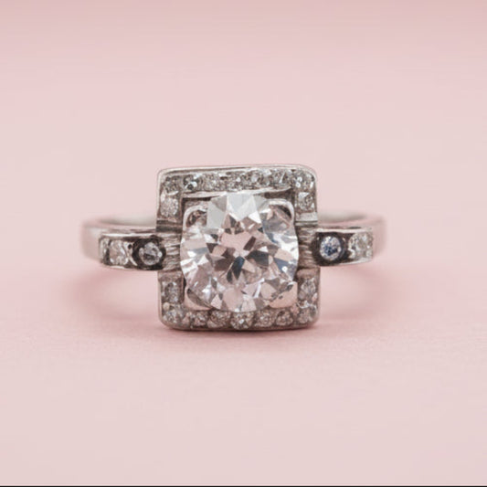 Art Deco 1.5ct Old Cut Diamond Square Cluster halo Engagement Ring