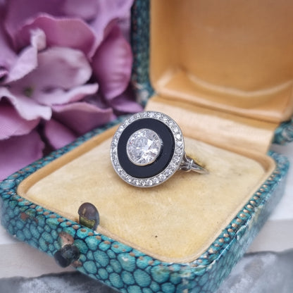 Art Deco 1ct Old Cut Diamond and Onyx Target Cluster Ring