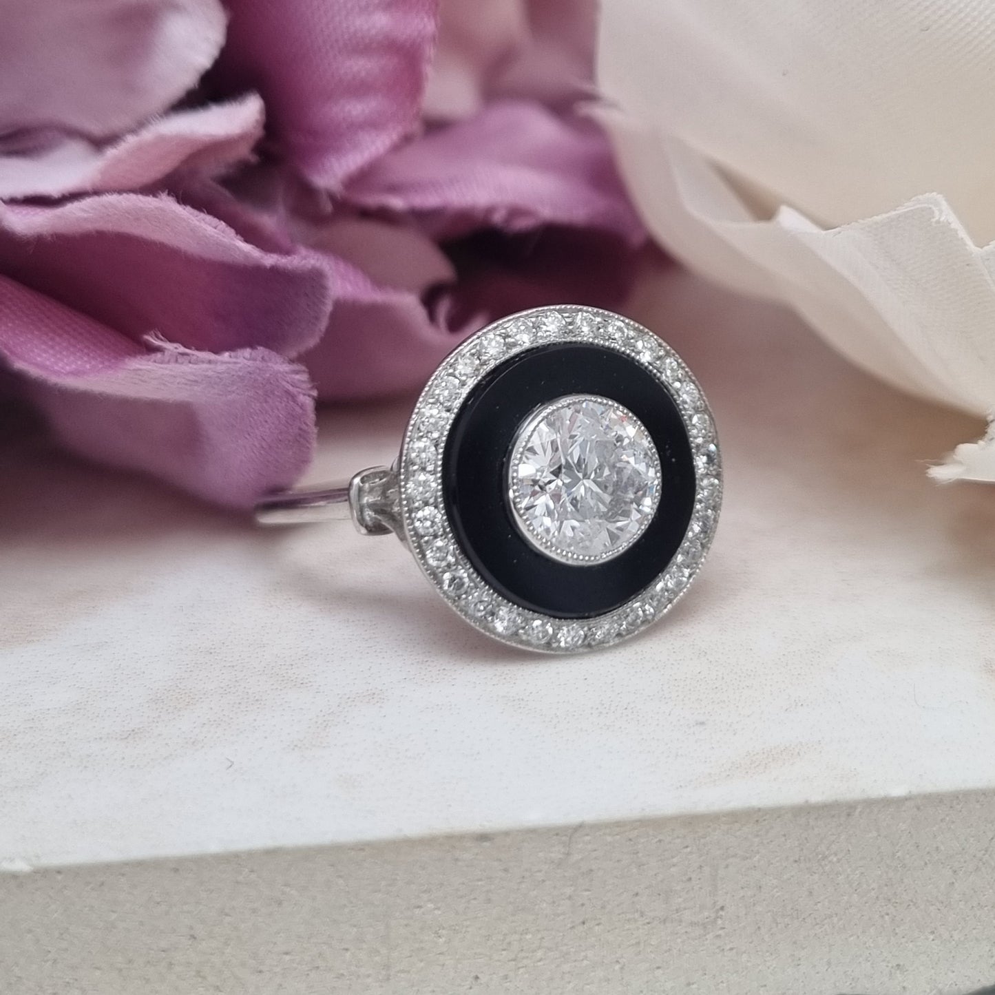 Art Deco 1ct Old Cut Diamond and Onyx Target Cluster Ring