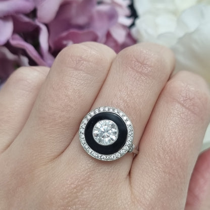 Art Deco 1ct Old Cut Diamond and Onyx Target Cluster Ring