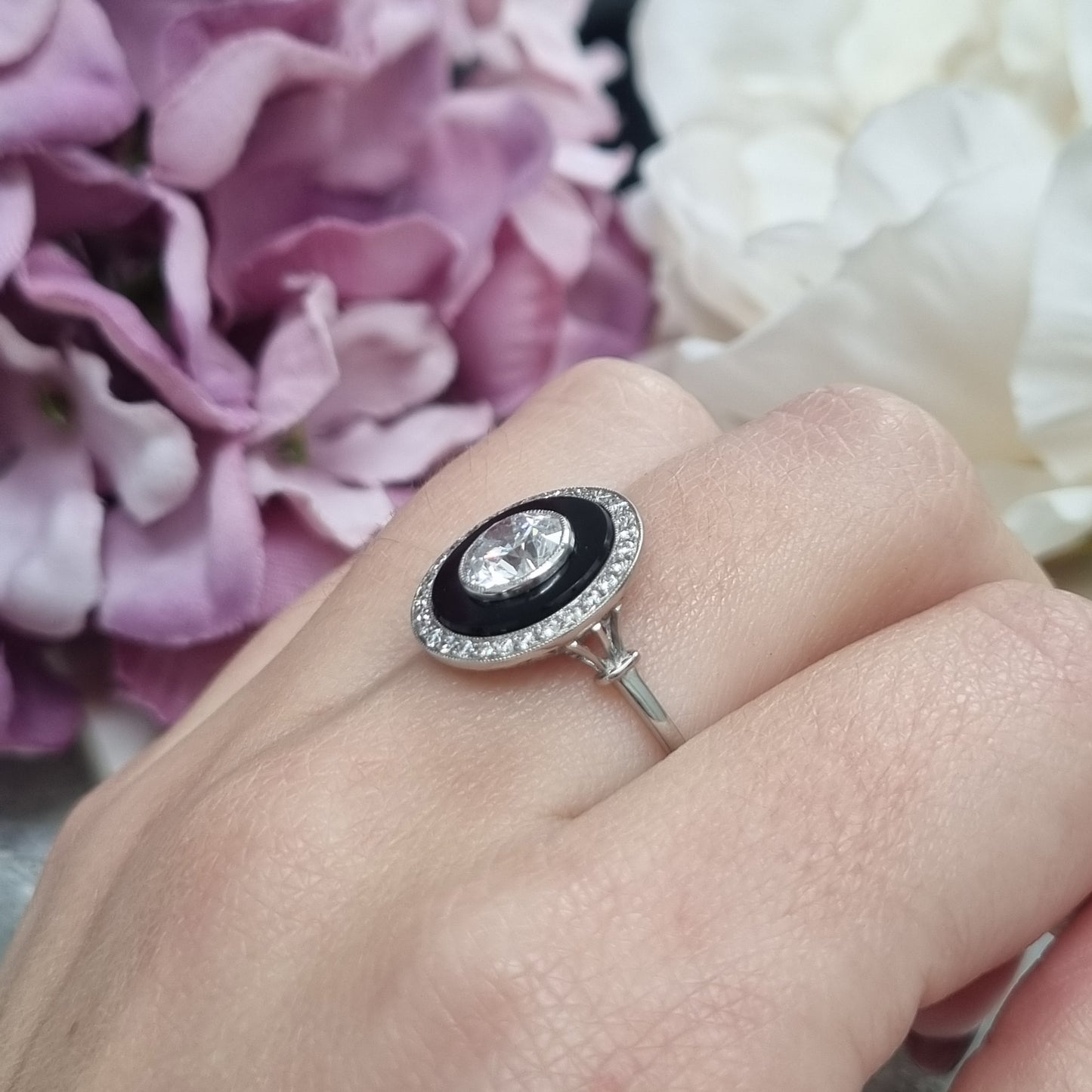 Art Deco 1ct Old Cut Diamond and Onyx Target Cluster Ring