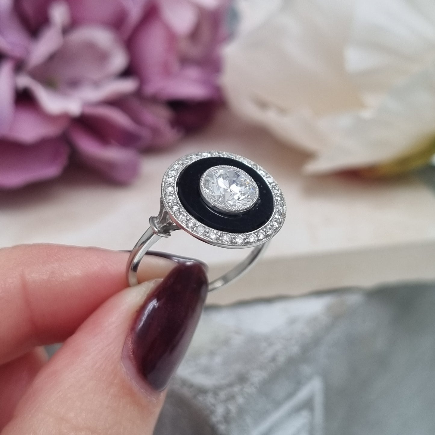 Art Deco 1ct Old Cut Diamond and Onyx Target Cluster Ring