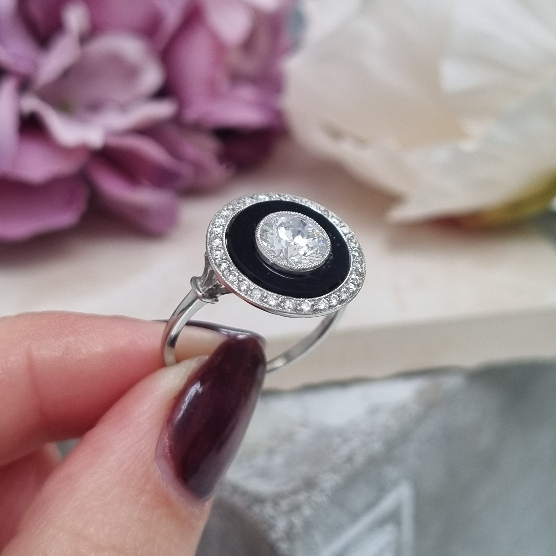 Art Deco 1ct Old Cut Diamond and Onyx Target Cluster Ring
