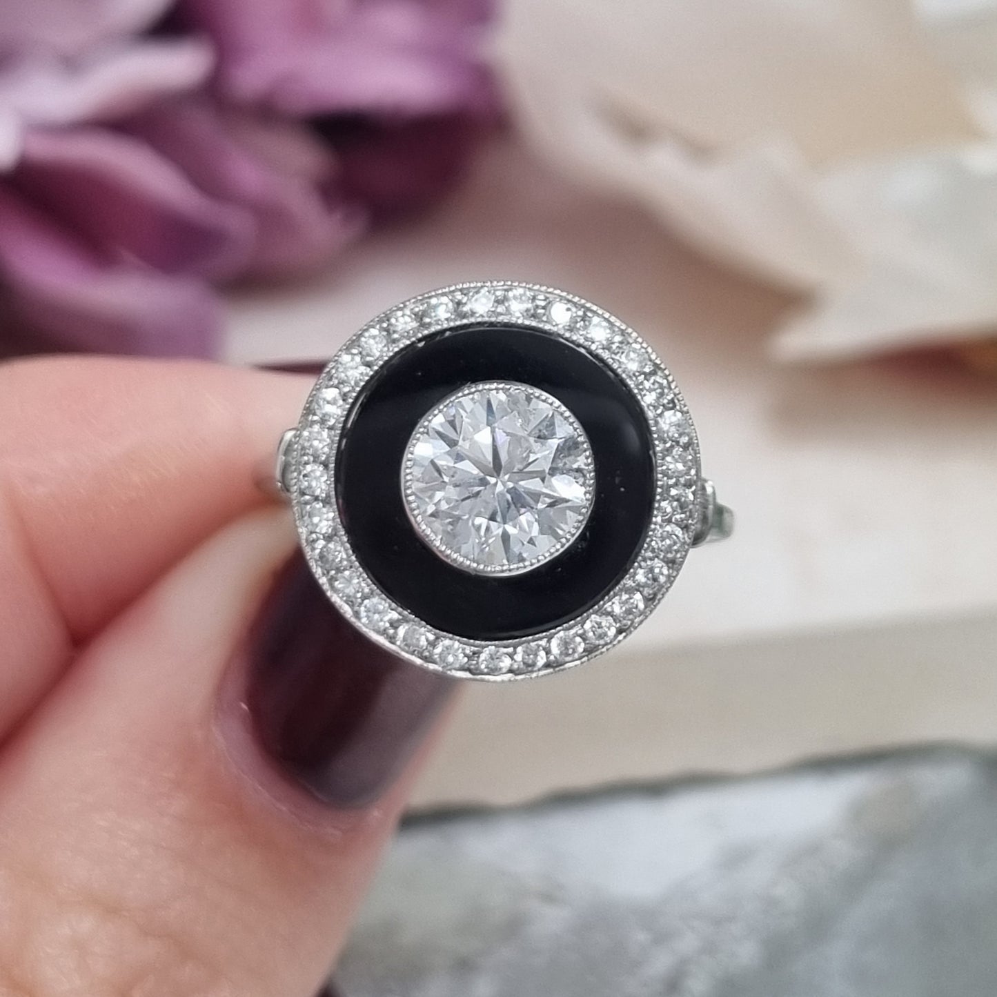 Art Deco 1ct Old Cut Diamond and Onyx Target Cluster Ring