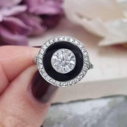 Art Deco 1ct Old Cut Diamond and Onyx Target Cluster Ring