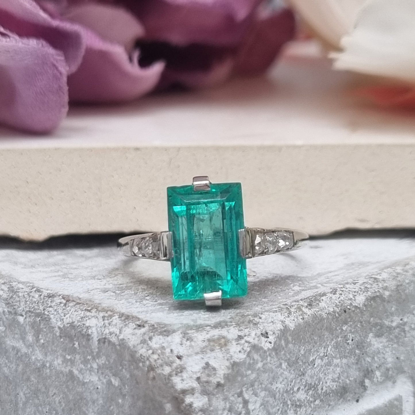 Art Deco 2.3ct Colombian Emerald Solitaire Engagement Ring, Diamond Shoulders, Platinum