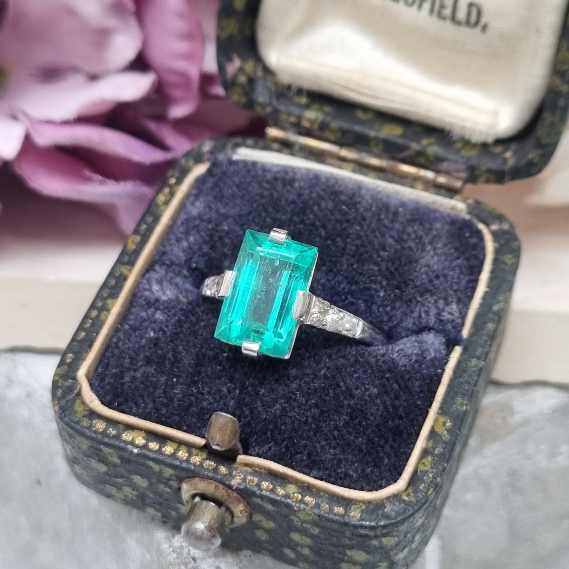 Art Deco 2.3ct Colombian Emerald Solitaire Engagement Ring, Diamond Shoulders, Platinum