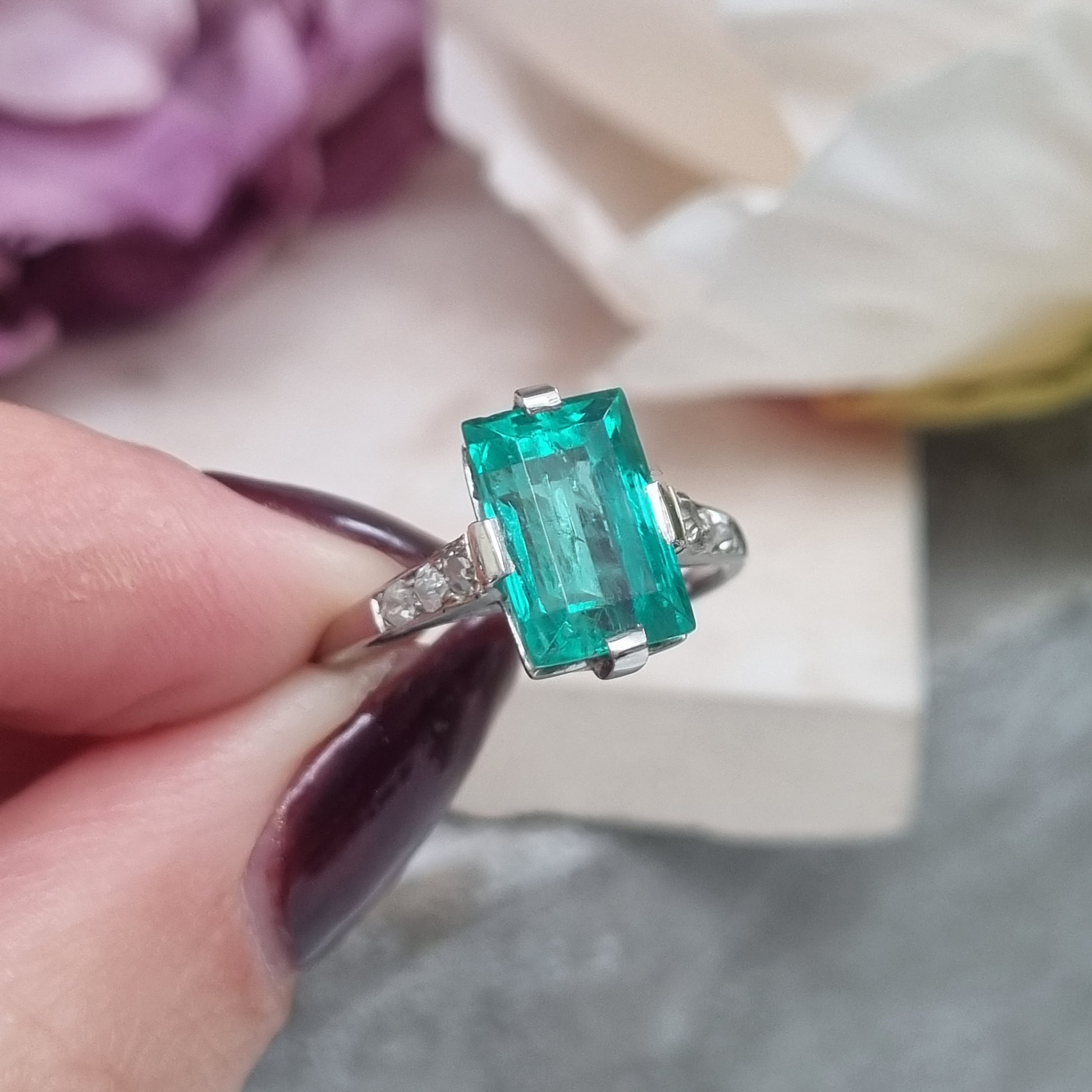 Art Deco 2.3ct Colombian Emerald Solitaire Engagement Ring, Diamond Shoulders, Platinum
