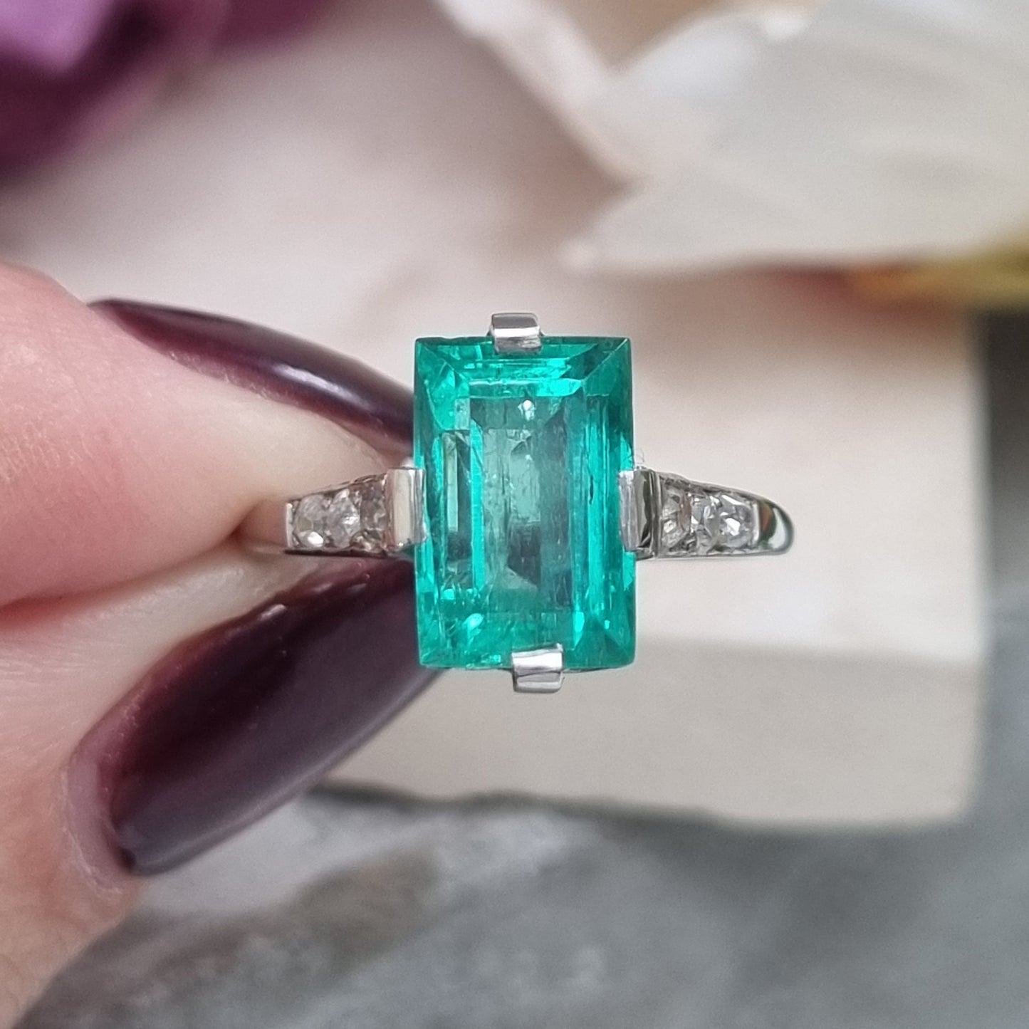 Art Deco 2.3ct Colombian Emerald Solitaire Engagement Ring, Diamond Shoulders, Platinum