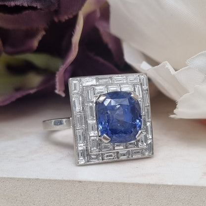 Art Deco French 5ct Sapphire and Baguette Diamond Cluster Plaque Ring 1930s