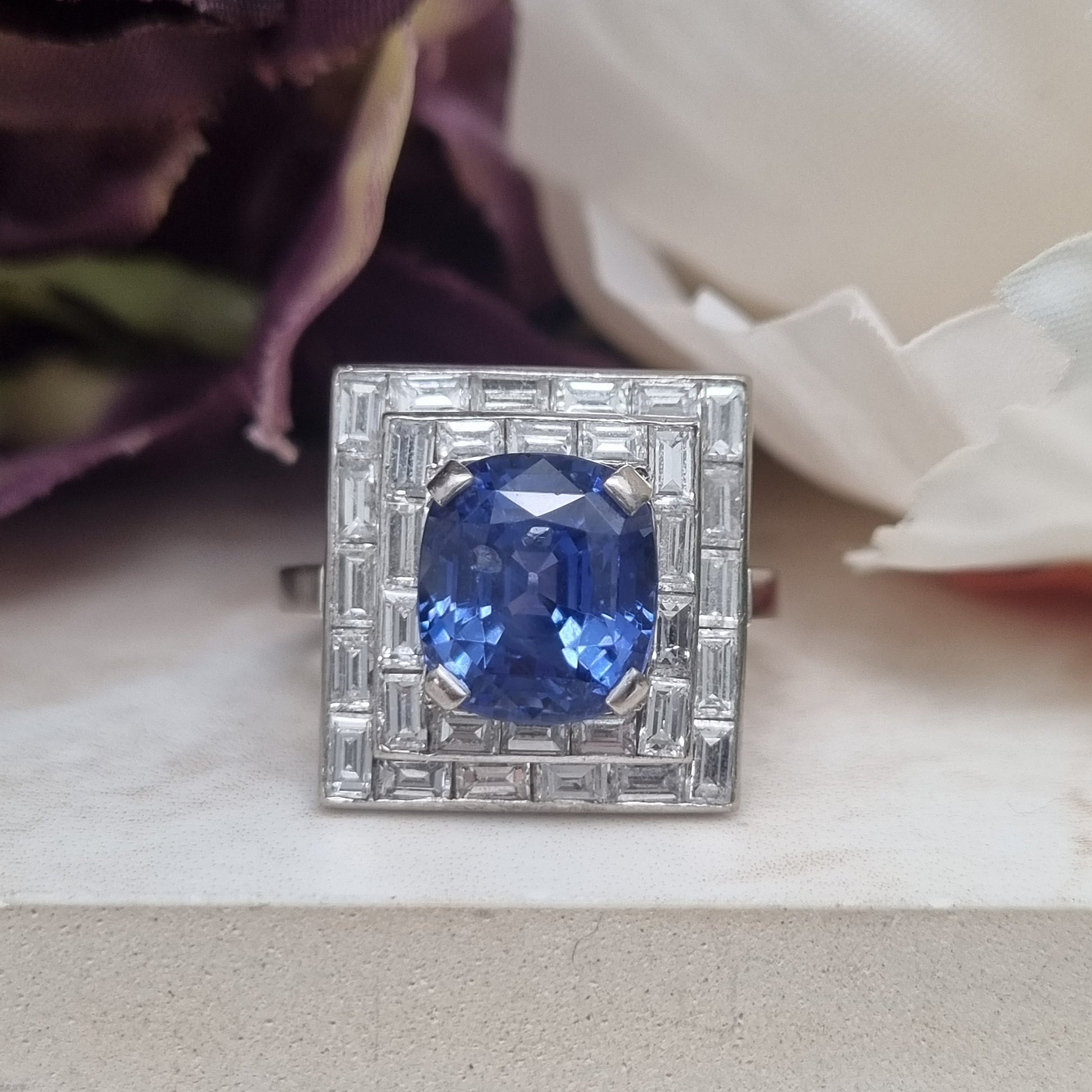 Art Deco French 5ct Sapphire and Baguette Diamond Cluster Plaque Ring 1930s
