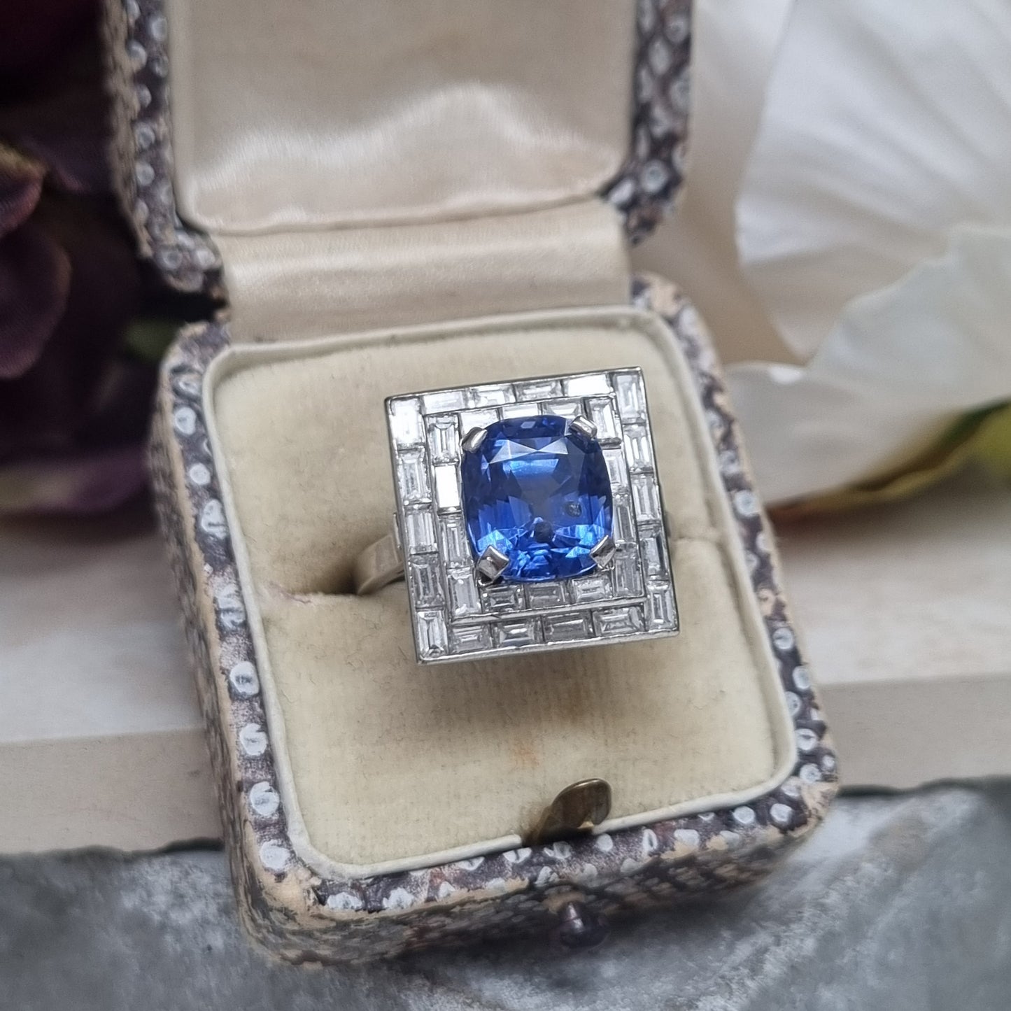 Art Deco French 5ct Sapphire and Baguette Diamond Cluster Plaque Ring 1930s