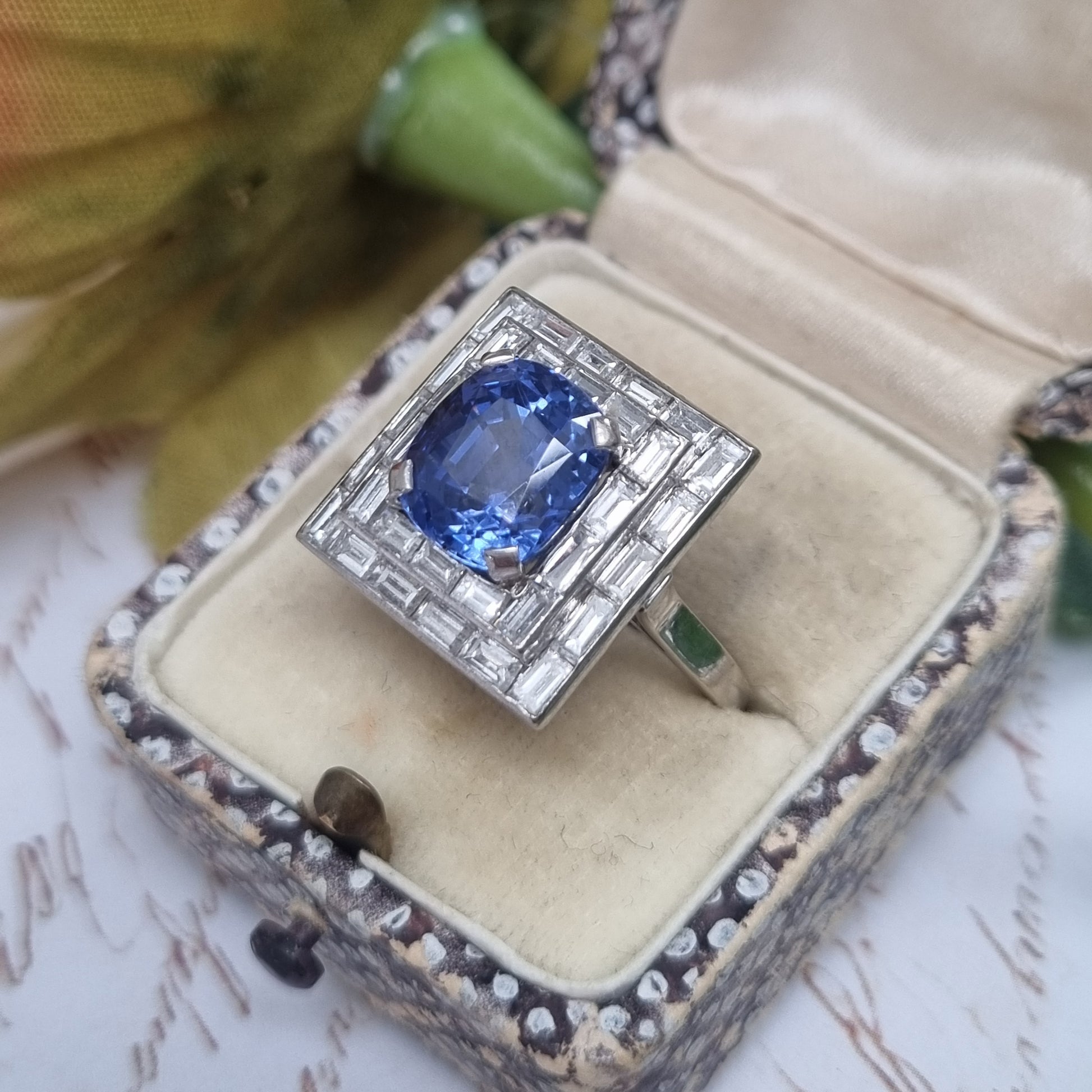 Art Deco French 5ct Sapphire and Baguette Diamond Cluster Plaque Ring 1930s