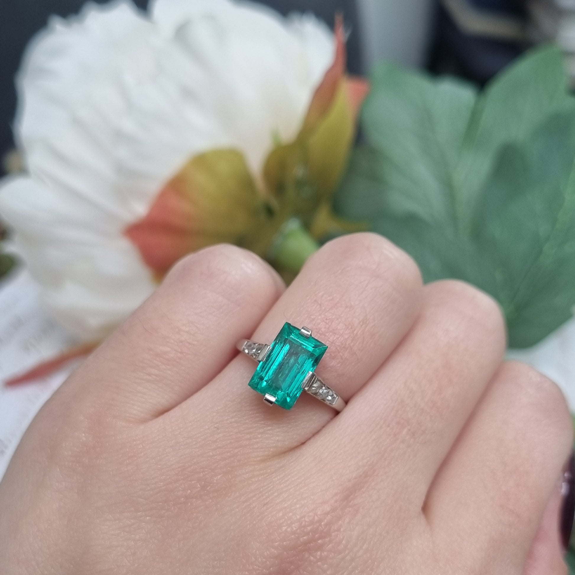 Art Deco 2.3ct Colombian Emerald Solitaire Engagement Ring, Diamond Shoulders, Platinum