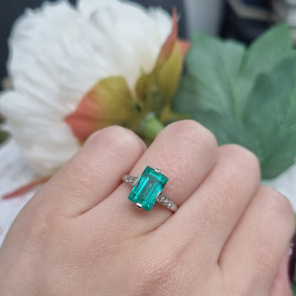 Art Deco 2.3ct Colombian Emerald Solitaire Engagement Ring, Diamond Shoulders, Platinum