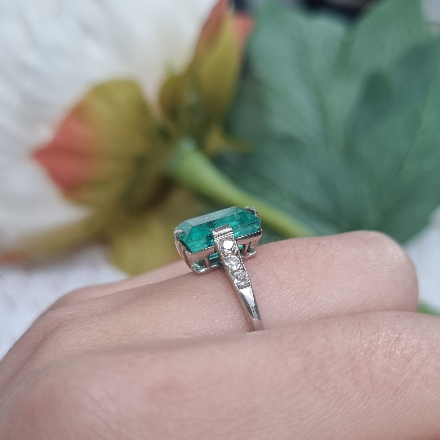 Art Deco 2.3ct Colombian Emerald Solitaire Engagement Ring, Diamond Shoulders, Platinum