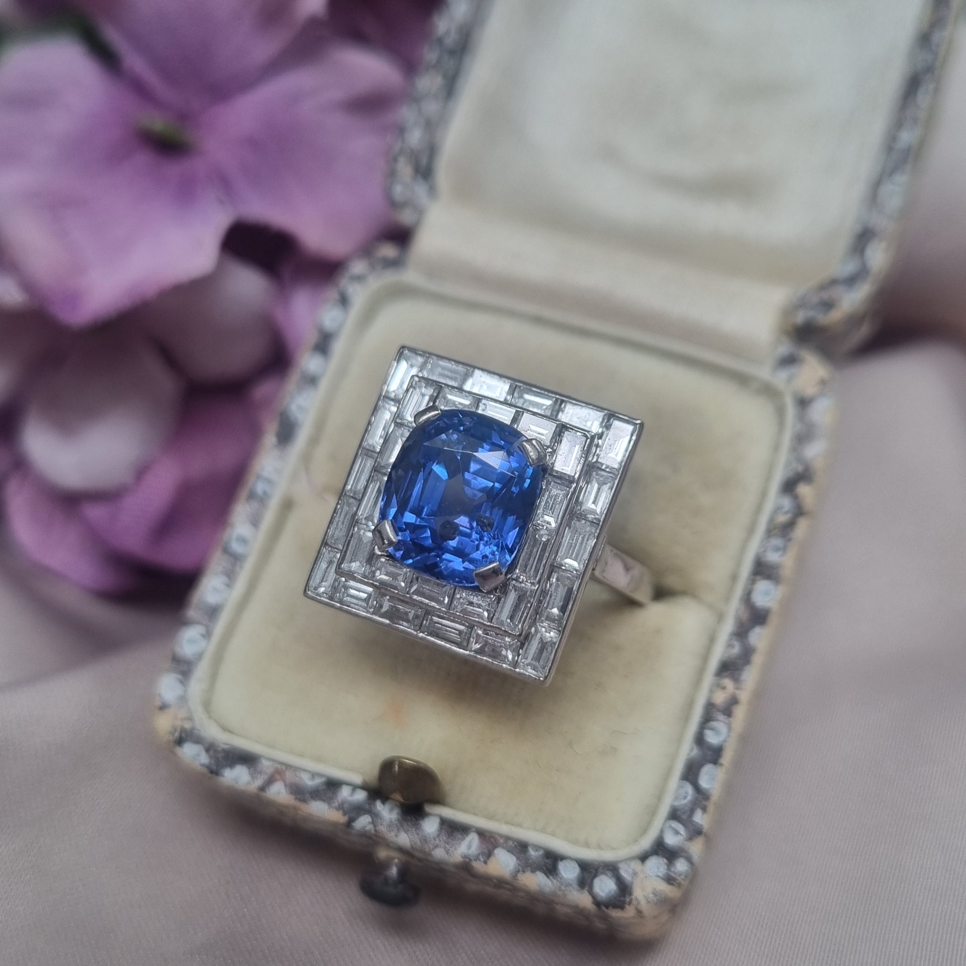 Art Deco French 5ct Sapphire and Baguette Diamond Cluster Plaque Ring 1930s