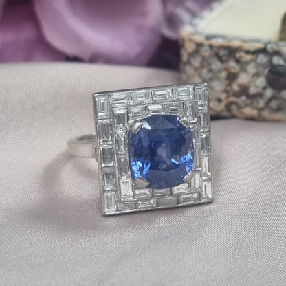 Art Deco French 5ct Sapphire and Baguette Diamond Cluster Plaque Ring 1930s