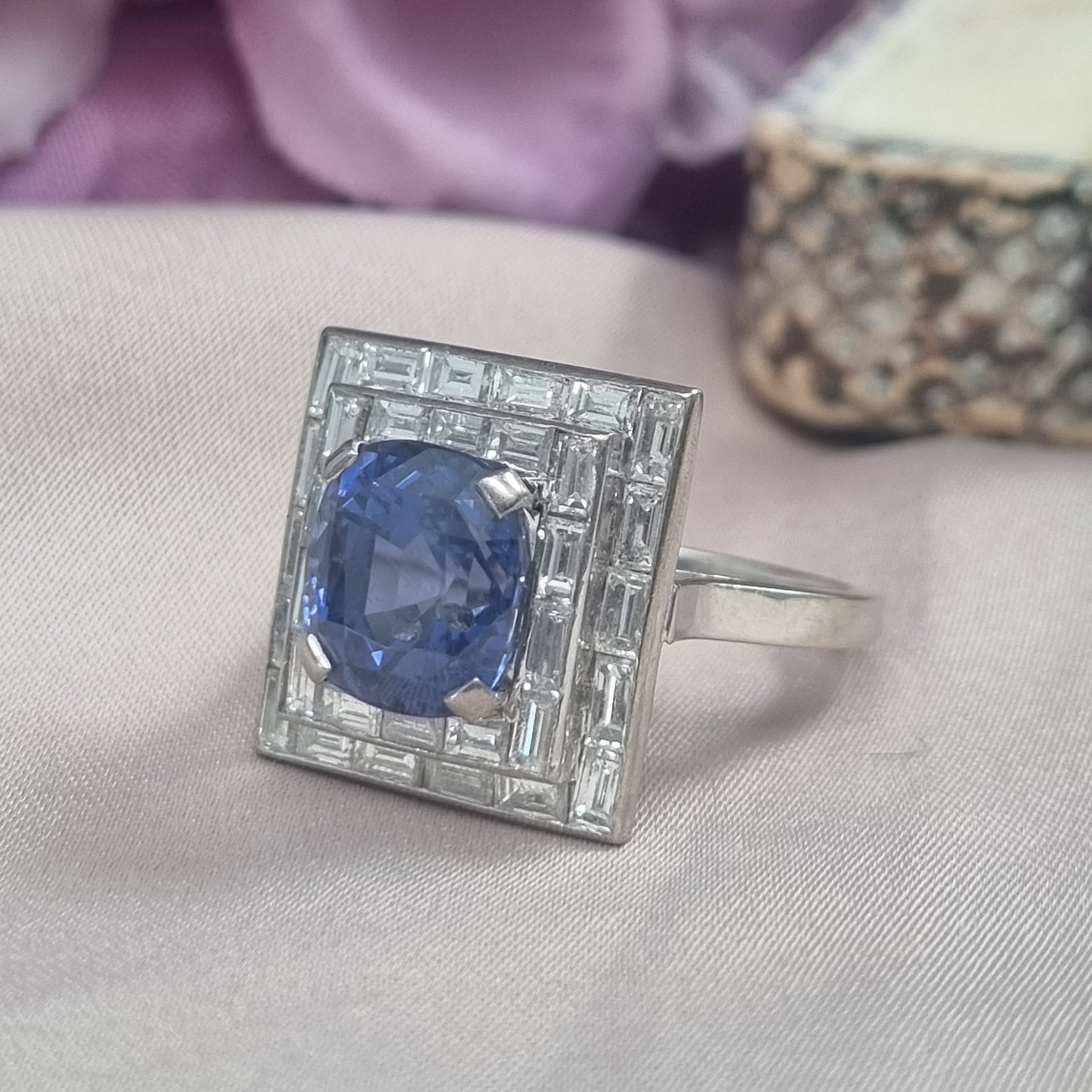 Art Deco French 5ct Sapphire and Baguette Diamond Cluster Plaque Ring 1930s