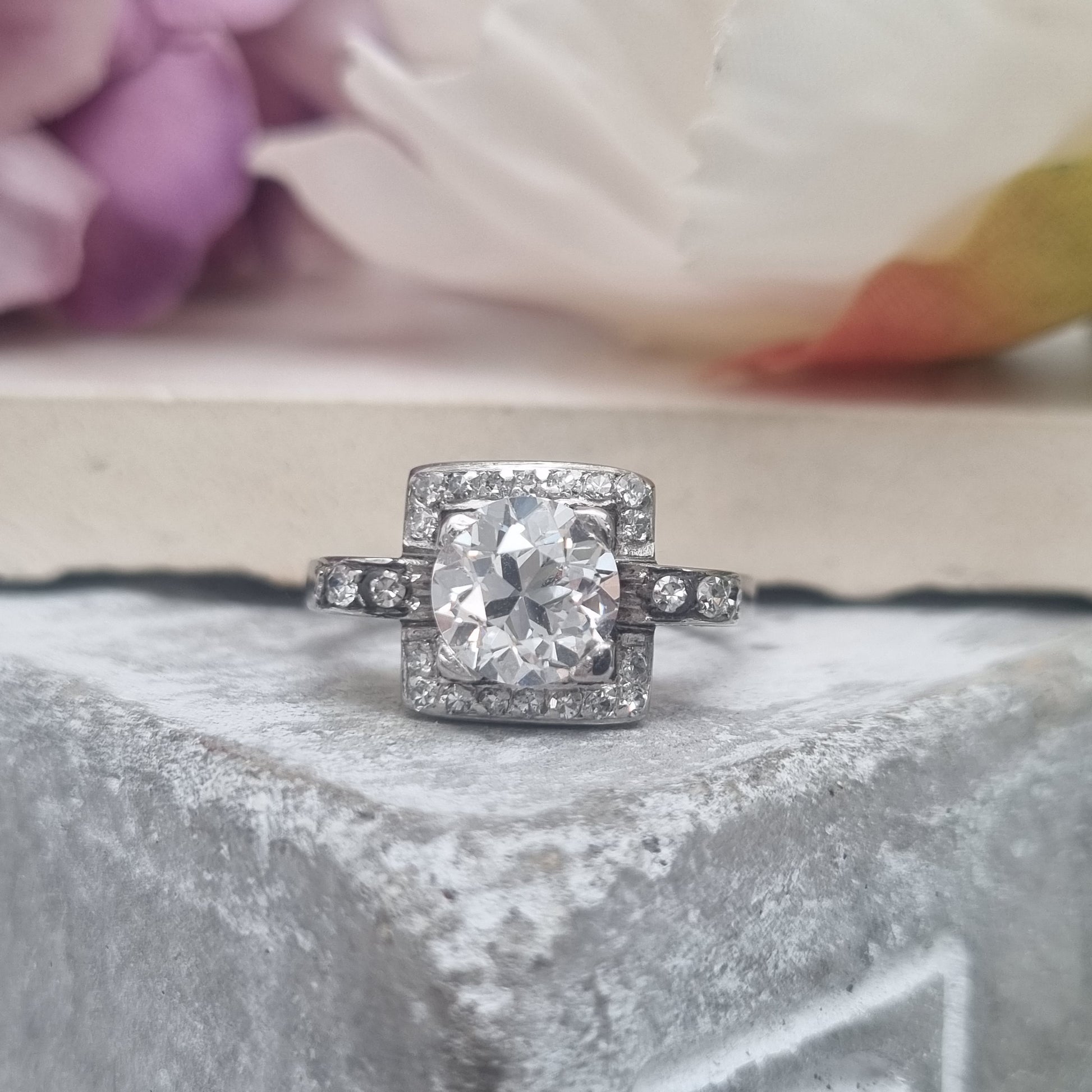 Art Deco 1.5ct Old Cut Diamond Square Cluster Engagement Ring
