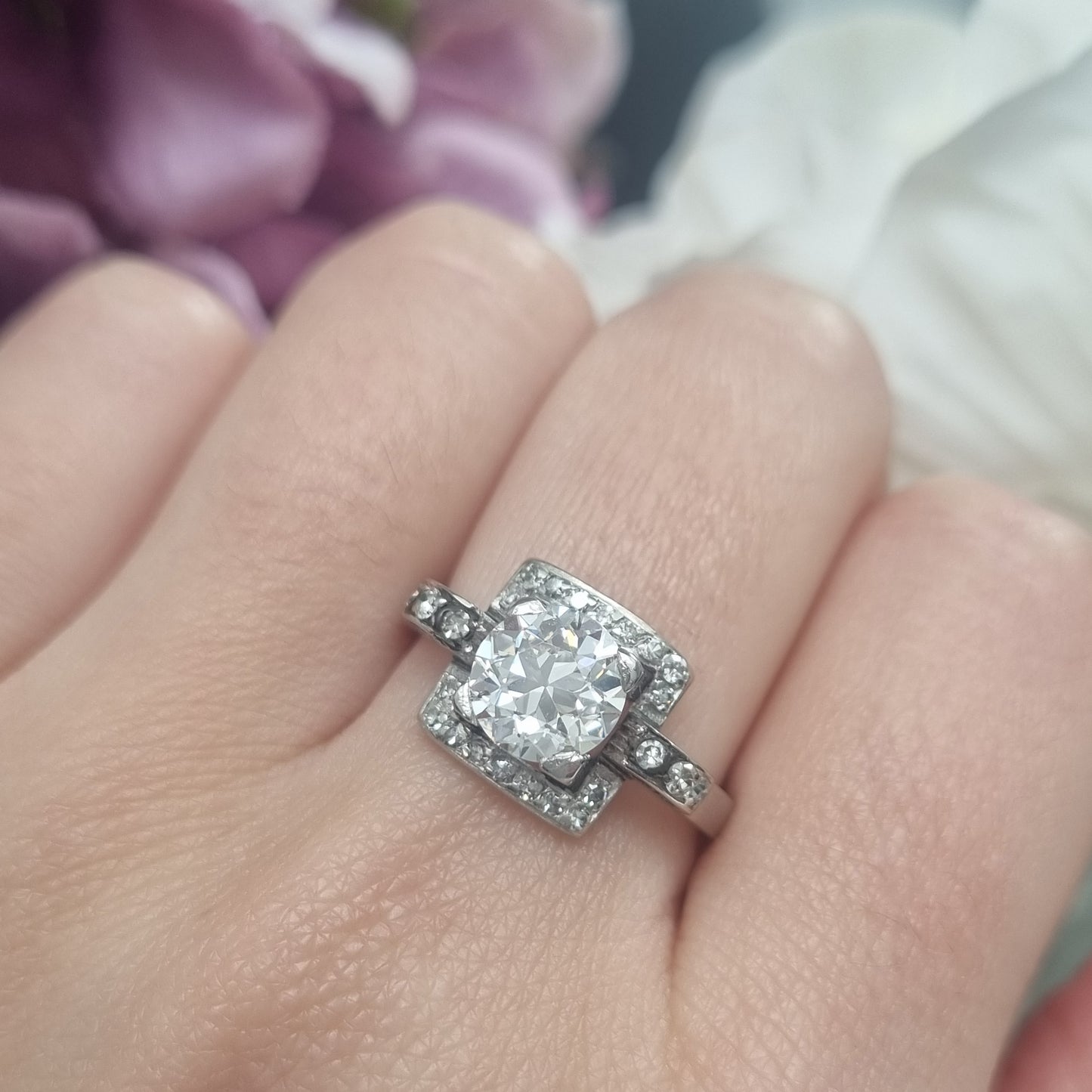 Art Deco 1.5ct Old Cut Diamond Square Cluster Engagement Ring