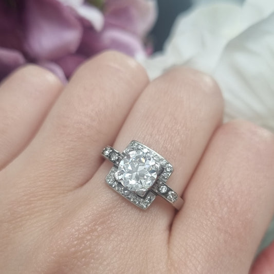 Vintage  1.5ct Old Cut Diamond halo Cluster Engagement Ring platinum 