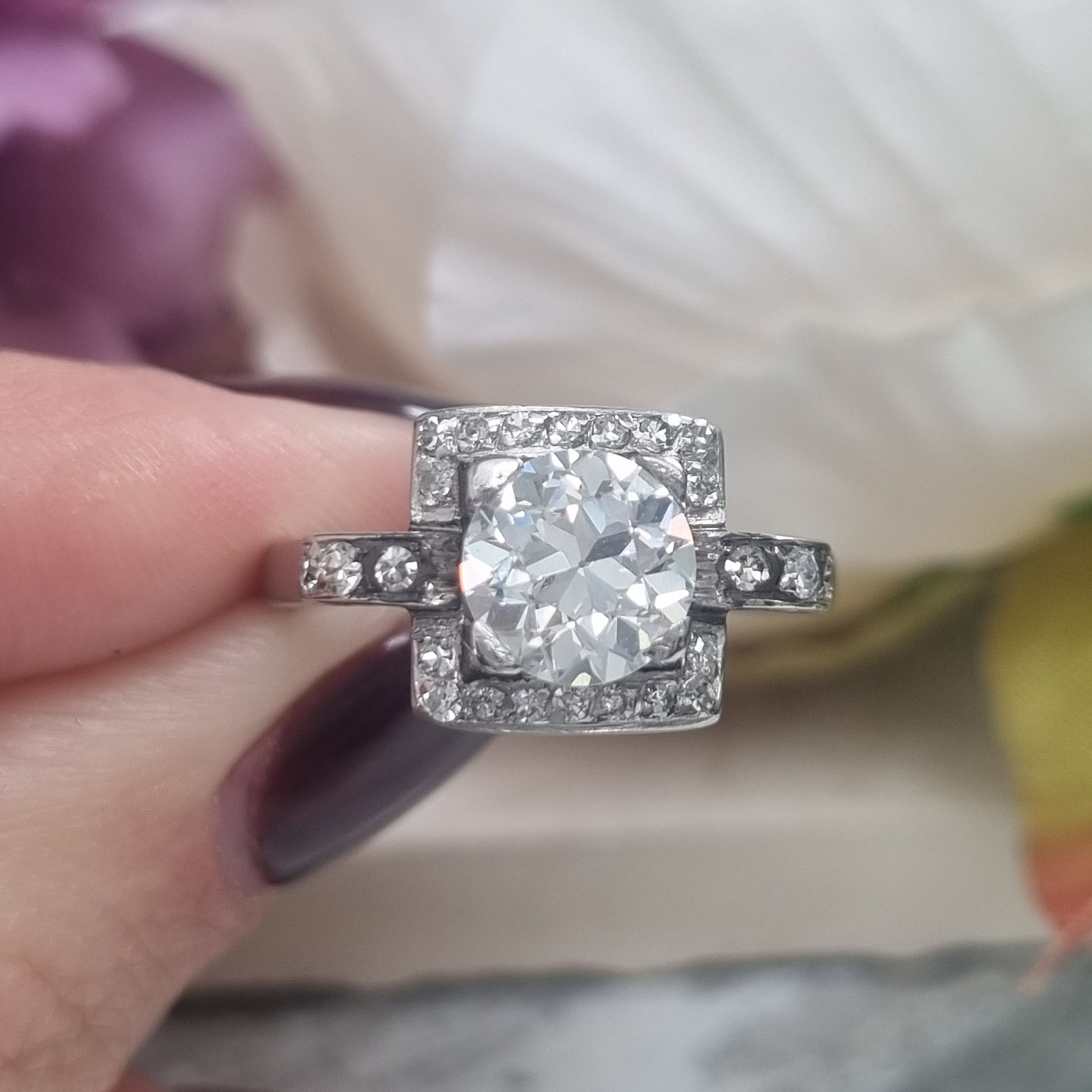 Art Deco 1.5ct Old Cut Diamond Square Cluster Engagement Ring
