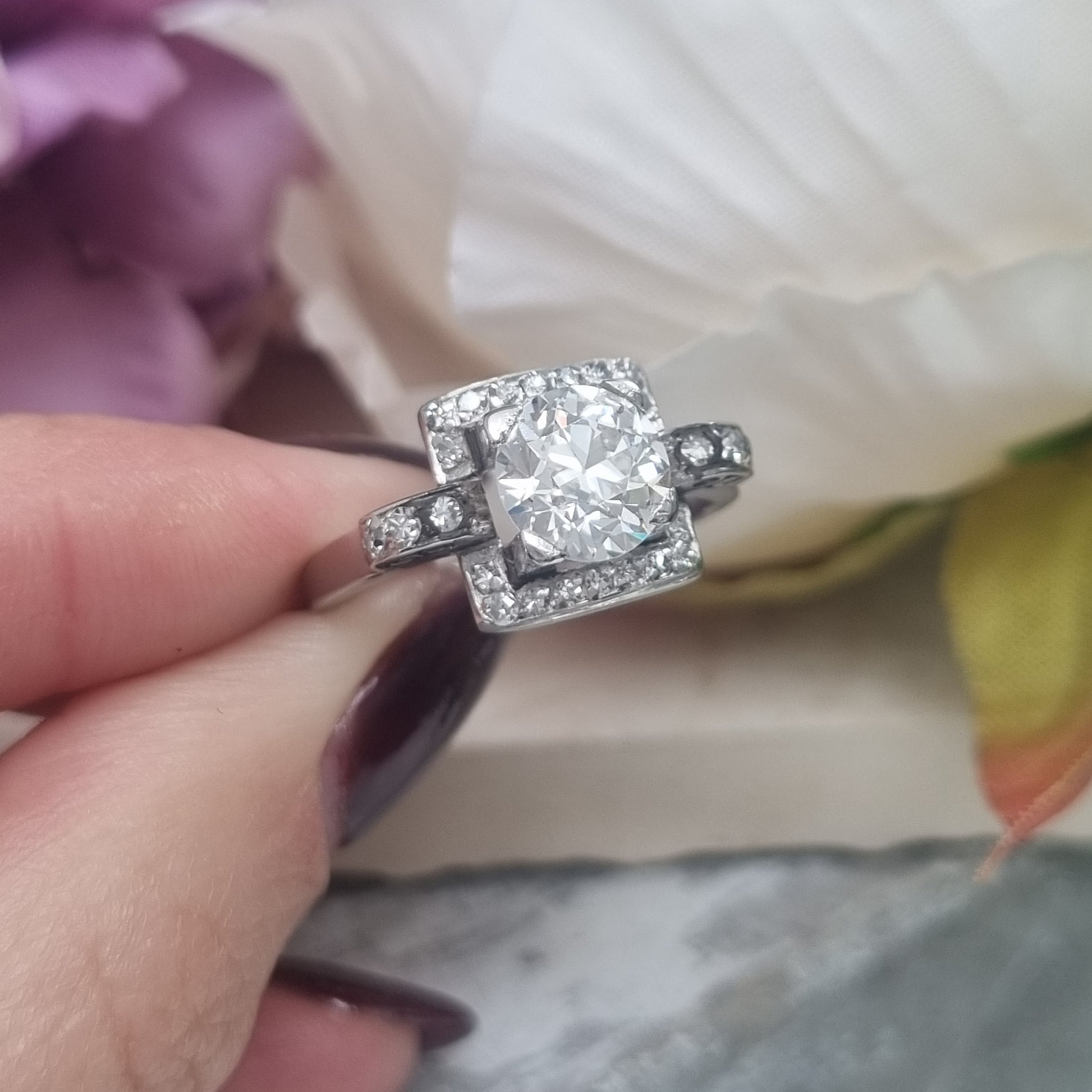 Art Deco 1.5ct Old Cut Diamond Square Cluster Engagement Ring