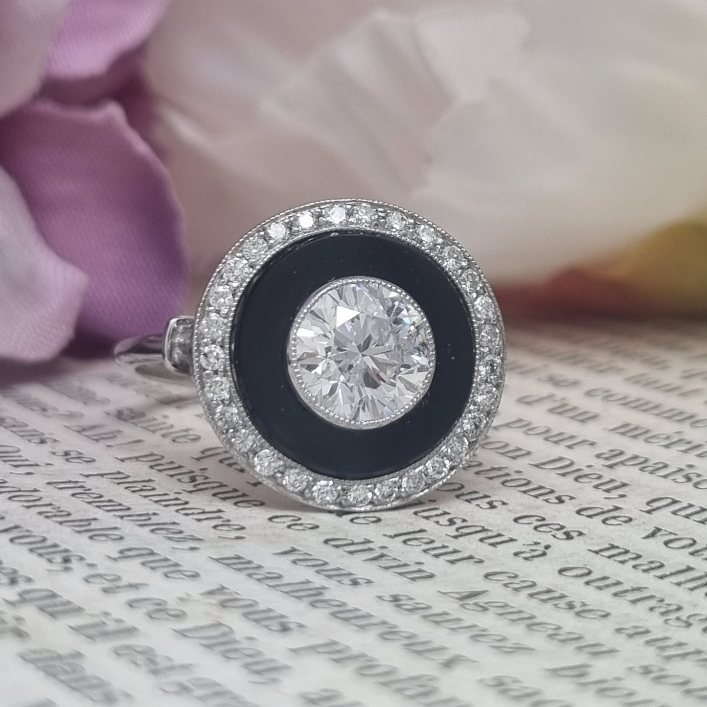 Art Deco 1ct Old Cut Diamond and Onyx Target Cluster Ring
