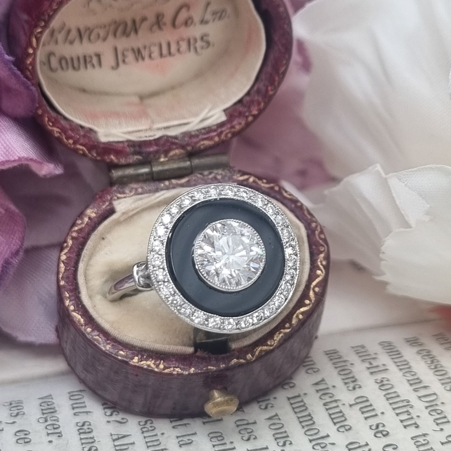 Art Deco 1ct Old Cut Diamond and Onyx Target Cluster Ring