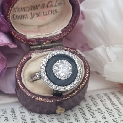 Art Deco 1ct Old Cut Diamond and Onyx Target Cluster Ring